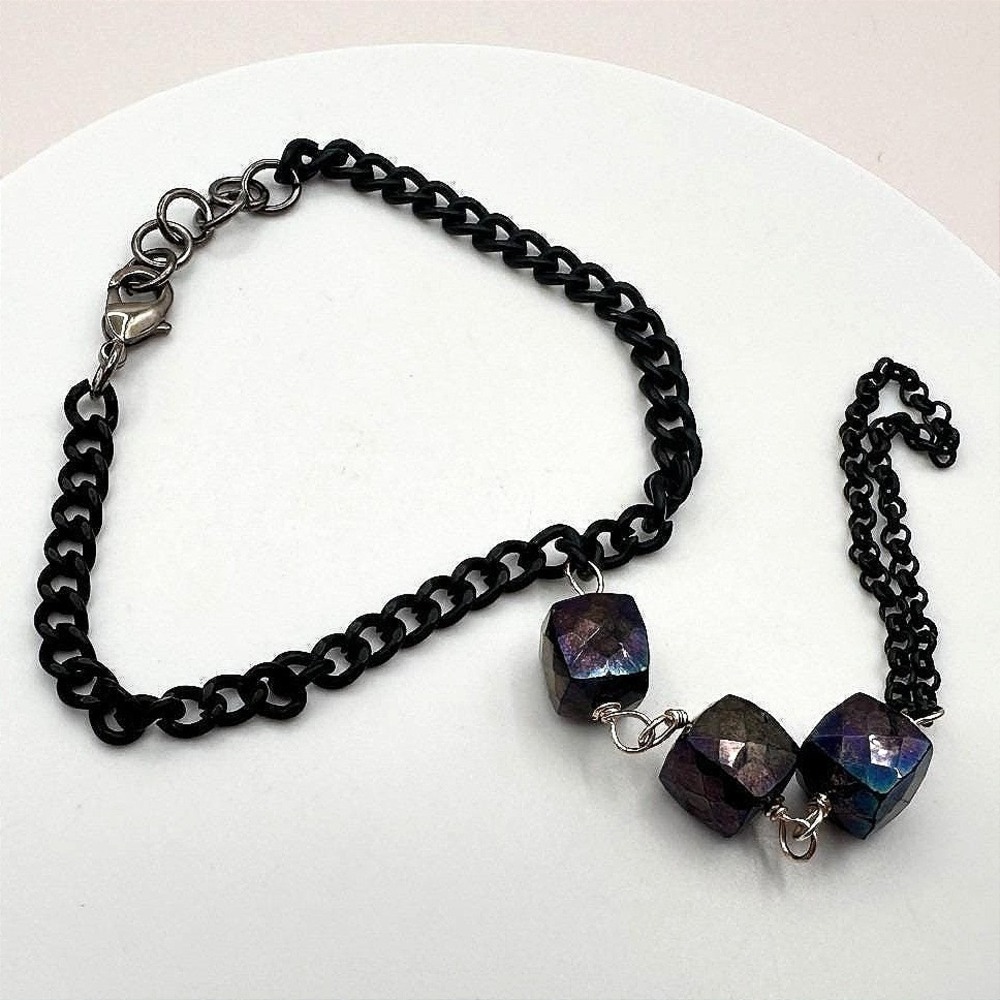 Vintage Y2K Iridescent Purple Glass Cube Black Chain Slave Bracelet Goth Jewelry